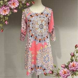 3/4 Sleeve Damask Floral Printed Tunic Dress Bohemian Swing Casual